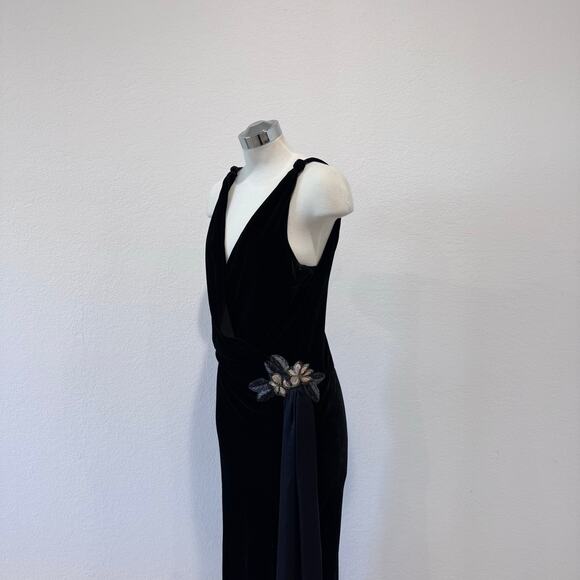 Tracy Reese Vintage Y2K Velvet Black Dress Floral Embellishment Sash Size 8 - Picture 5 of 8